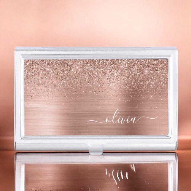 Brushed Metal Rose Gold Pink Glitter Monogram Business Card Case (Creator Uploaded)