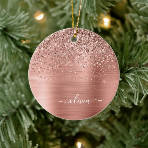 Brushed Metal Rose Gold Pink Glitter Monogram Ceramic Ornament