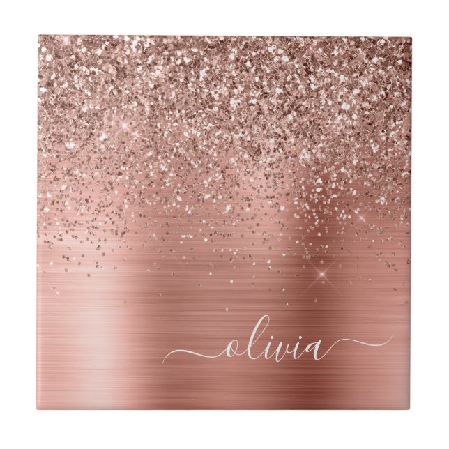 Brushed Metal Rose Gold Pink Glitter Monogram Ceramic Tile (Front)