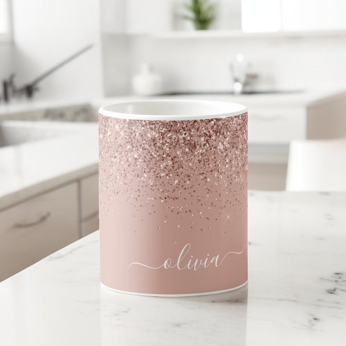 Brushed Metal Rose Gold Pink Glitter Monogram Coffee Mug