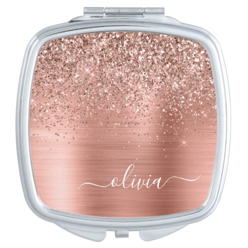 Brushed Metal Rose Gold Pink Glitter Monogram Compact Mirror