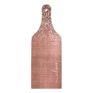 Brushed Metal Rose Gold Pink Glitter Monogram Cutting Board
