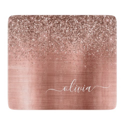 Brushed Metal Rose Gold Pink Glitter Monogram Cutting Board