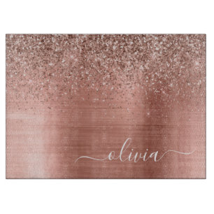 Brushed Metal Rose Gold Pink Glitter Monogram Cutting Board