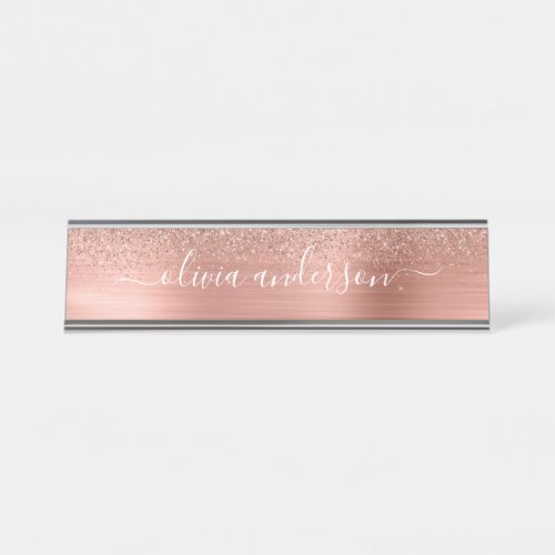 Brushed Metal Rose Gold Pink Glitter Monogram Desk Name Plate