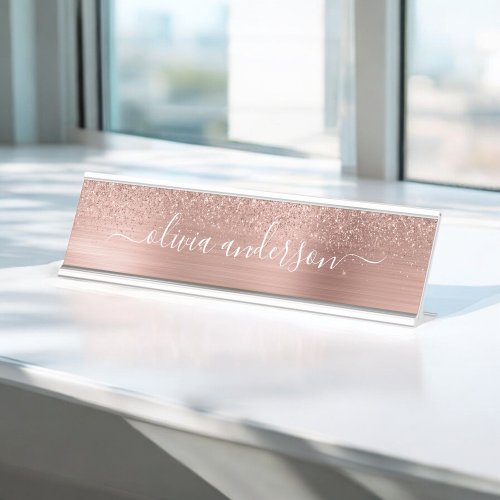 Brushed Metal Rose Gold Pink Glitter Monogram Desk Name Plate