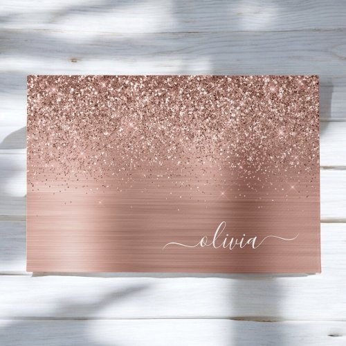 Brushed Metal Rose Gold Pink Glitter Monogram Doormat