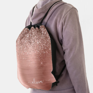 Brushed Metal Rose Gold Pink Glitter Monogram Drawstring Bag