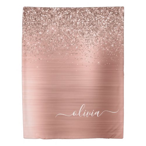 Brushed Metal Rose Gold Pink Glitter Monogram Duvet Cover