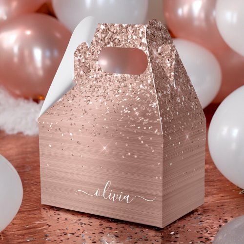 Brushed Metal Rose Gold Pink Glitter Monogram Favor Boxes