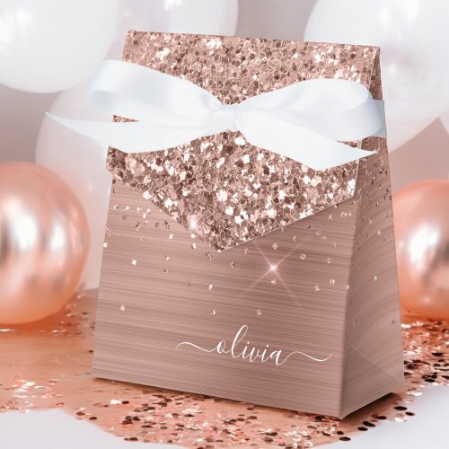 Brushed Metal Rose Gold Pink Glitter Monogram Favor Boxes