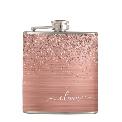 Brushed Metal Rose Gold Pink Glitter Monogram Flask