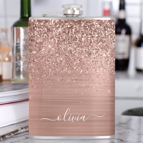 Brushed Metal Rose Gold Pink Glitter Monogram Flask