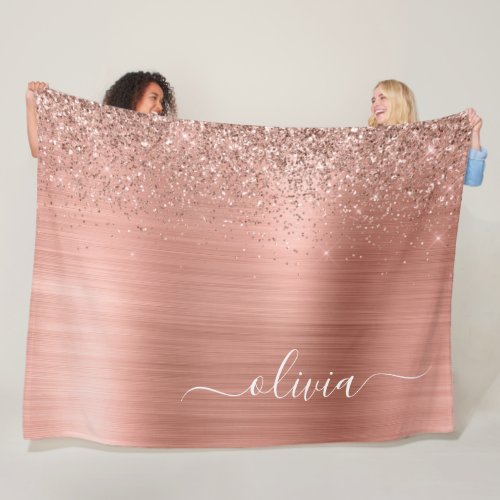 Brushed Metal Rose Gold Pink Glitter Monogram Fleece Blanket