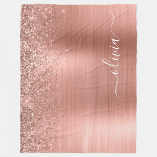 Brushed Metal Rose Gold Pink Glitter Monogram Fleece Blanket