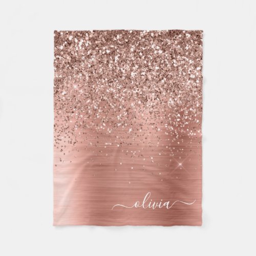 Brushed Metal Rose Gold Pink Glitter Monogram Fleece Blanket