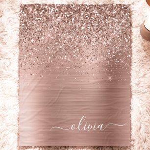 Brushed Metal Rose Gold Pink Glitter Monogram Fleece Blanket