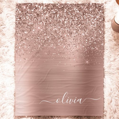 Brushed Metal Rose Gold Pink Glitter Monogram Fleece Blanket