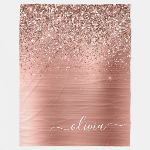 Brushed Metal Rose Gold Pink Glitter Monogram Fleece Blanket