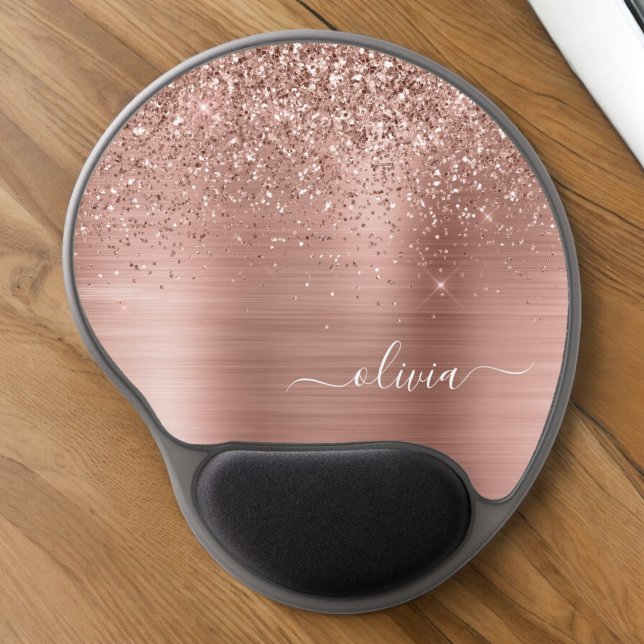 Brushed Metal Rose Gold Pink Glitter Monogram Gel Mouse Pad (Creator Uploaded)
