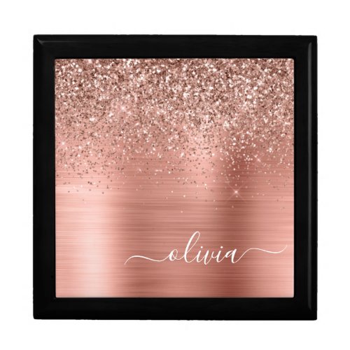 Brushed Metal Rose Gold Pink Glitter Monogram Gift Box