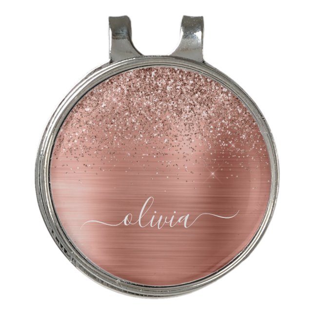 Brushed Metal Rose Gold Pink Glitter Monogram Golf Hat Clip (Front)