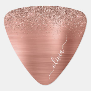 Brushed Metal Rose Gold Pink Glitter Monogram Guitar Pick