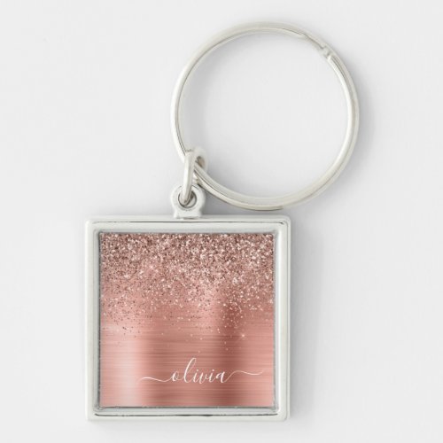 Brushed Metal Rose Gold Pink Glitter Monogram Keychain