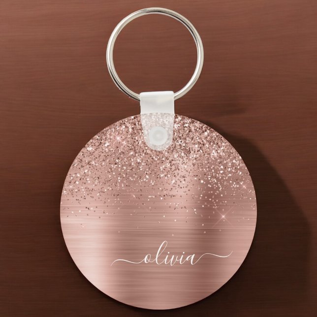 Brushed Metal Rose Gold Pink Glitter Monogram Keychain (Creator Uploaded)