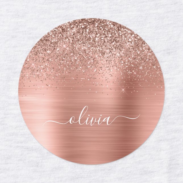 Brushed Metal Rose Gold Pink Glitter Monogram Labels (Design 1)