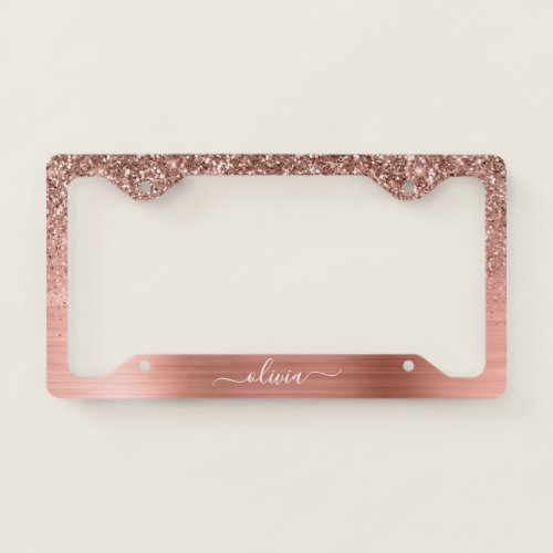 Brushed Metal Rose Gold Pink Glitter Monogram License Plate Frame