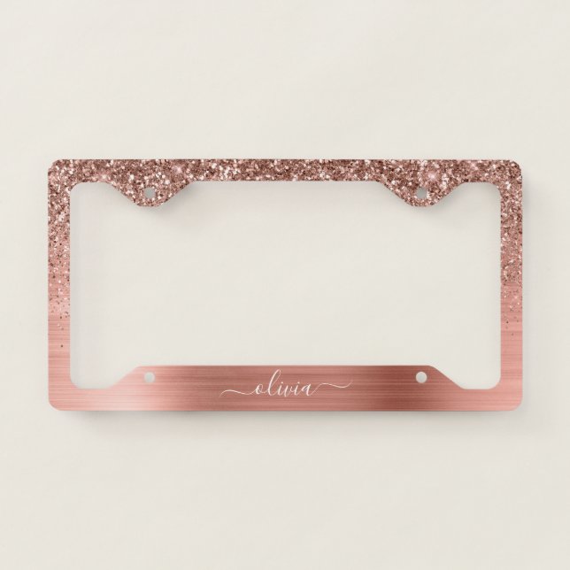 Brushed Metal Rose Gold Pink Glitter Monogram License Plate Frame (Front)