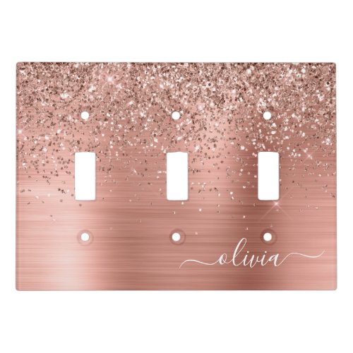 Brushed Metal Rose Gold Pink Glitter Monogram Light Switch Cover