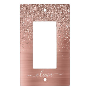 Brushed Metal Rose Gold Pink Glitter Monogram Light Switch Cover