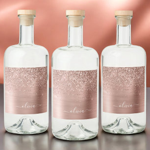 Brushed Metal Rose Gold Pink Glitter Monogram Liquor Bottle Label
