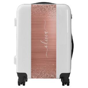 Brushed Metal Rose Gold Pink Glitter Monogram Luggage
