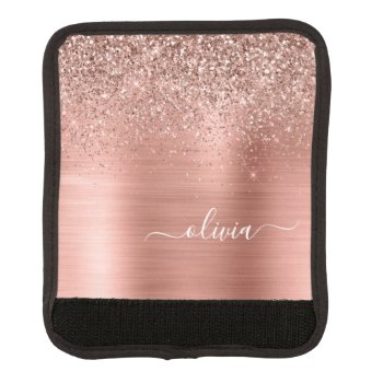 Brushed Metal Rose Gold Pink Glitter Monogram Luggage Handle Wrap by Hot_Foil_Creations at Zazzle