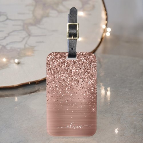 Brushed Metal Rose Gold Pink Glitter Monogram Luggage Tag