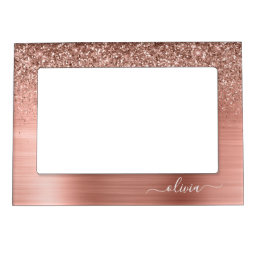 Brushed Metal Rose Gold Pink Glitter Monogram Magnetic Frame