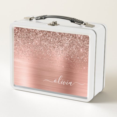 Brushed Metal Rose Gold Pink Glitter Monogram Metal Lunch Box