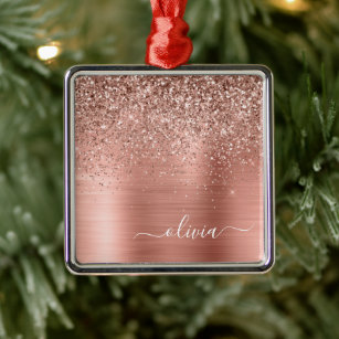 Brushed Metal Rose Gold Pink Glitter Monogram Metal Ornament