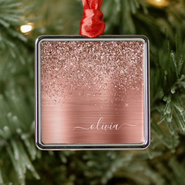 Brushed Metal Rose Gold Pink Glitter Monogram Metal Ornament (Tree)