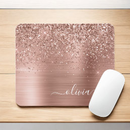 Brushed Metal Rose Gold Pink Glitter Monogram Mouse Pad