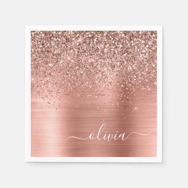 Brushed Metal Rose Gold Pink Glitter Monogram Napkins (Front)