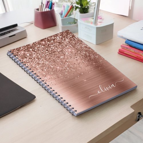 Brushed Metal Rose Gold Pink Glitter Monogram Notebook