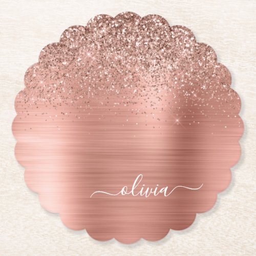 Brushed Metal Rose Gold Pink Glitter Monogram Paper Coaster