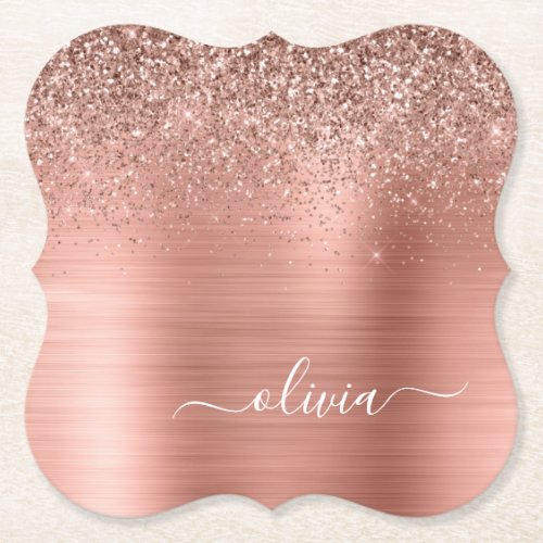 Brushed Metal Rose Gold Pink Glitter Monogram Paper Coaster