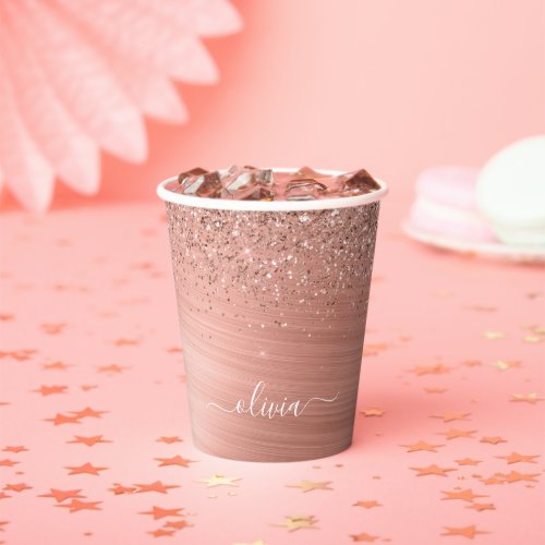 Brushed Metal Rose Gold Pink Glitter Monogram Paper Cups