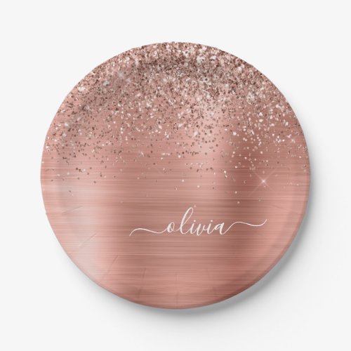 Brushed Metal Rose Gold Pink Glitter Monogram Paper Plates