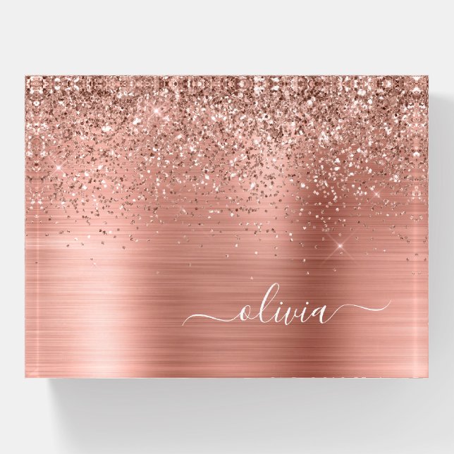 Brushed Metal Rose Gold Pink Glitter Monogram Paperweight (Front)